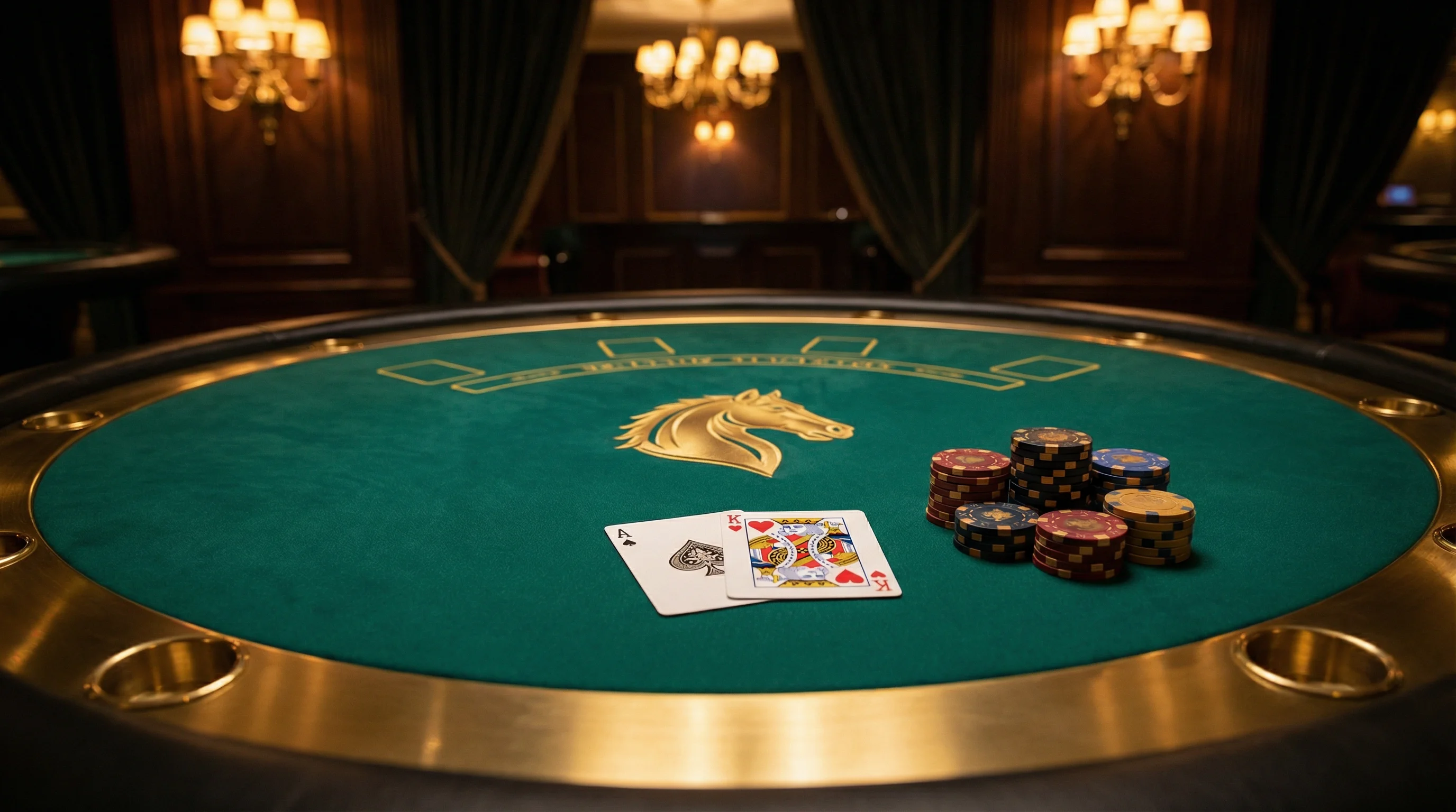 Mesa de blackjack elegante com cartas e fichas no luvabet